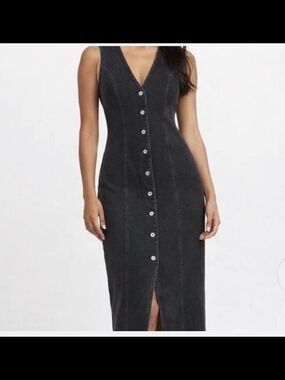 Abercrombie & Fitch Washed Black Denim Button-Front Midi Dress